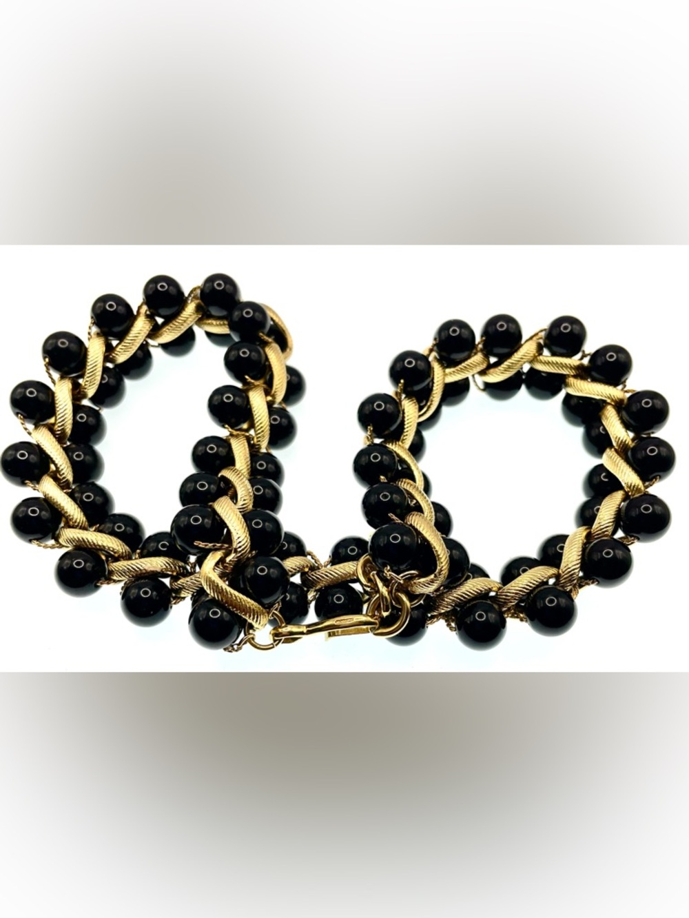 Vintage Monet Black Bead Gold Tone Necklace Statement Chain Strung Signed 1980s - Picture 8 of 9
